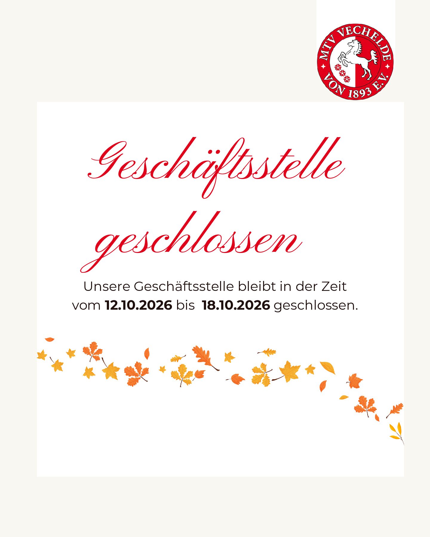Schließzeiten der Geschäftsstelle in den Herbstferien